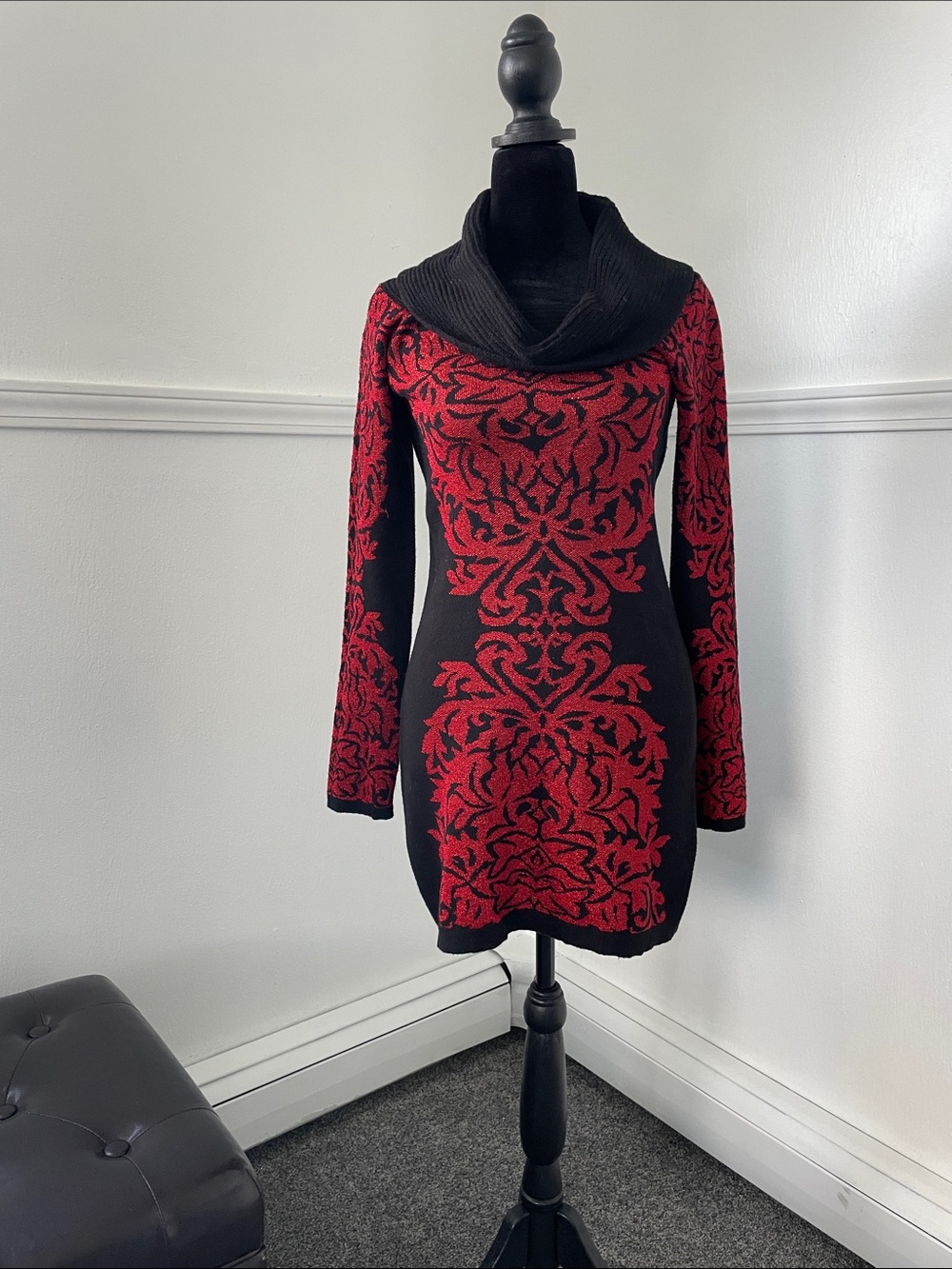 INC International Concepts Black and Red Long Sleeve Cowl Neck Jacquard Sweater